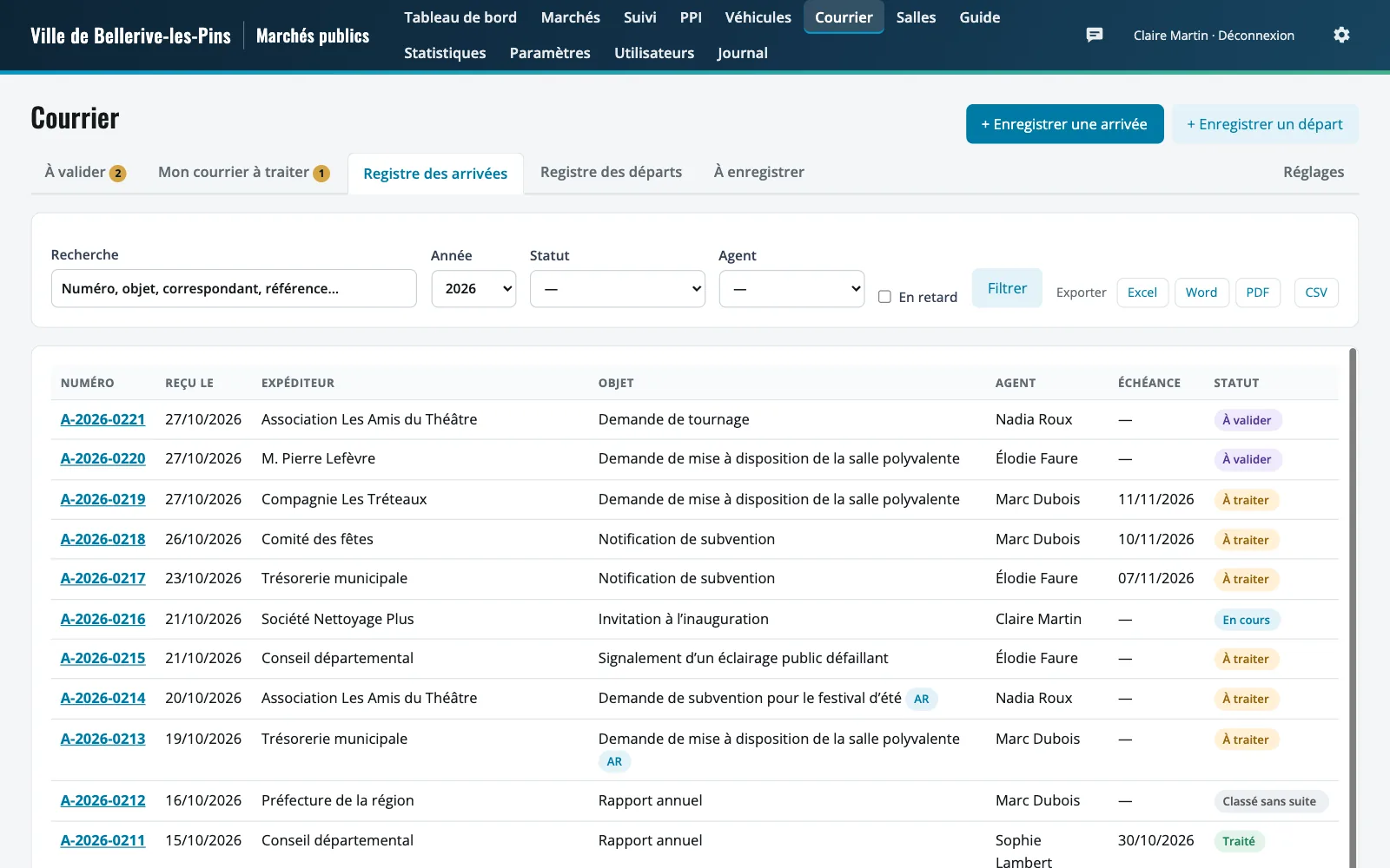 Registre du courrier : arrivées et départs avec leur état de traitement