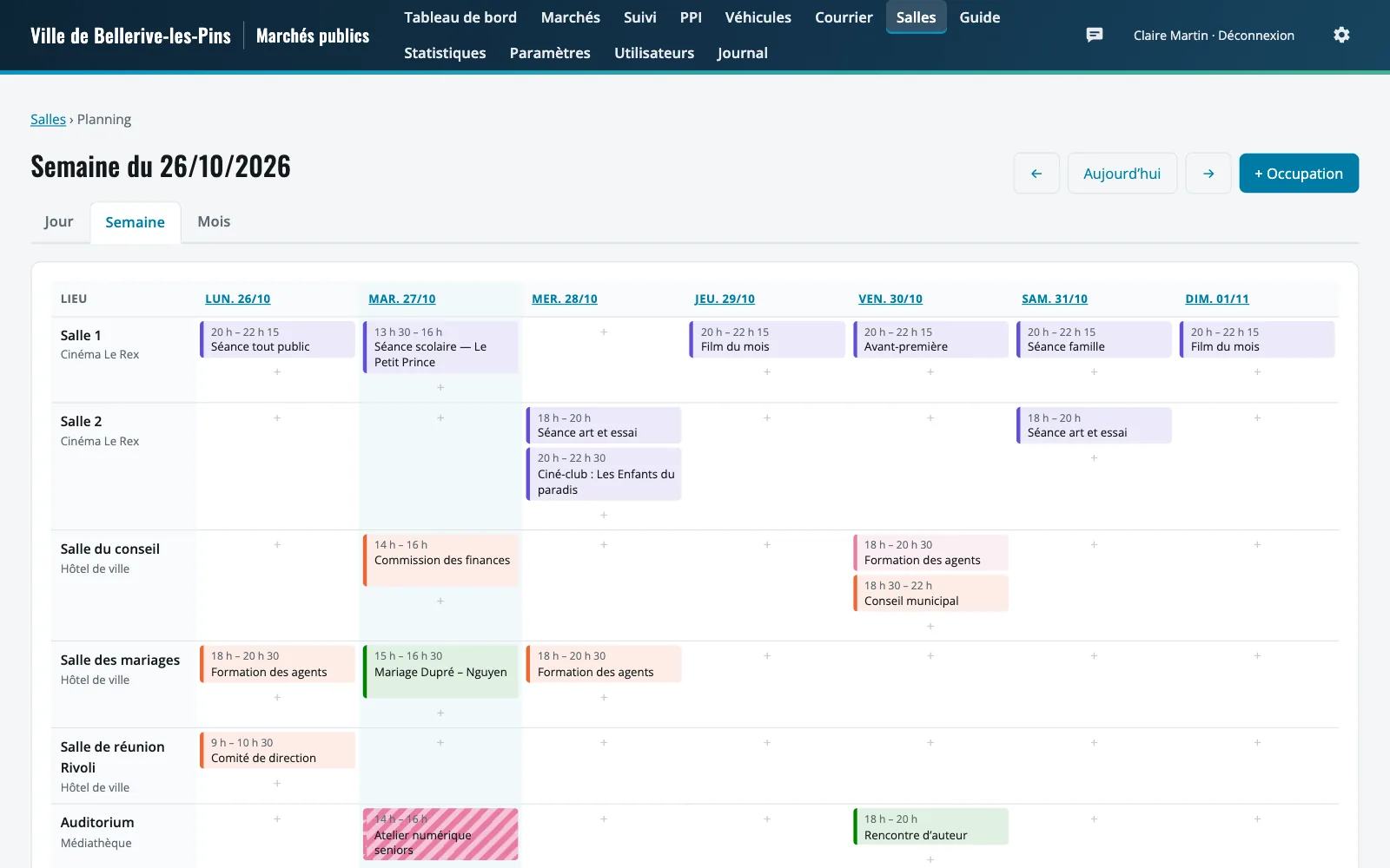 Planning de la semaine des salles et équipements